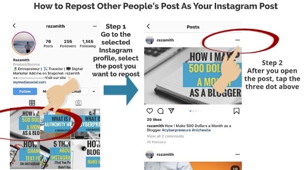 How to Repost other people post on your Instagram step 1 step 2