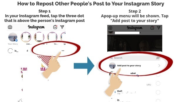 How to Repost other people post on your Instagram story step 1 step 2