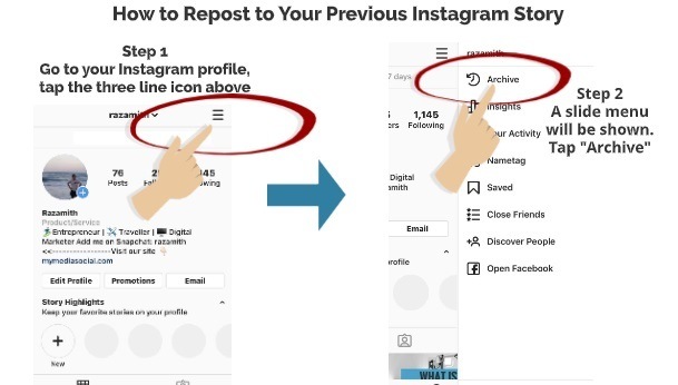 How to Repost your previous Instagram story step 1 step 2