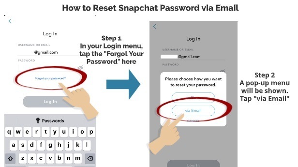 How to Reset Snapchat Password via Email step 1 step 2